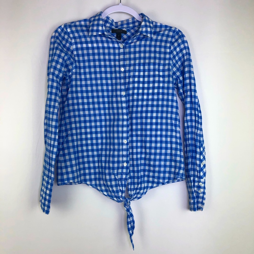 J.Crew Plaid Long Sleeve Button Up Tie Breathable Collared Picnic Cropped Blue